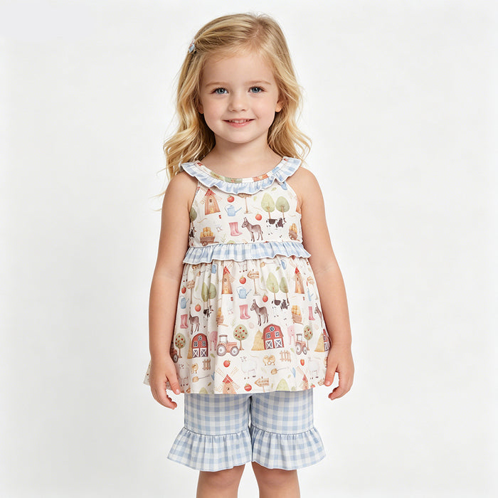 Farm Animal Print Sumer Shorts Outfit+Bubble Romper For Sibling Sister