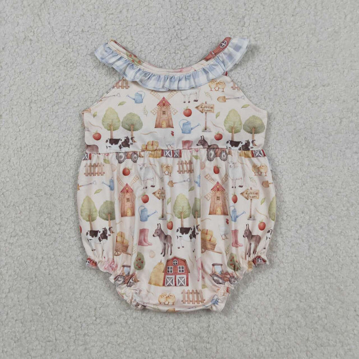Farm Animal Print Sumer Shorts Outfit+Bubble Romper For Sibling Sister