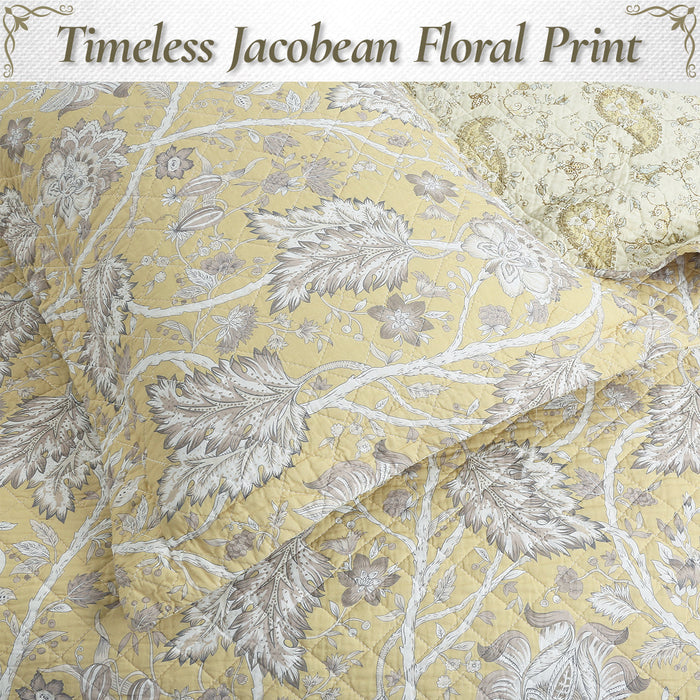 Flaxen Yellow Tan Brown Floral 3 Piece Cotton Quilt Bedding Set