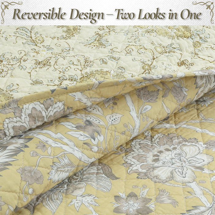 Flaxen Yellow Tan Brown Floral 3 Piece Cotton Quilt Bedding Set