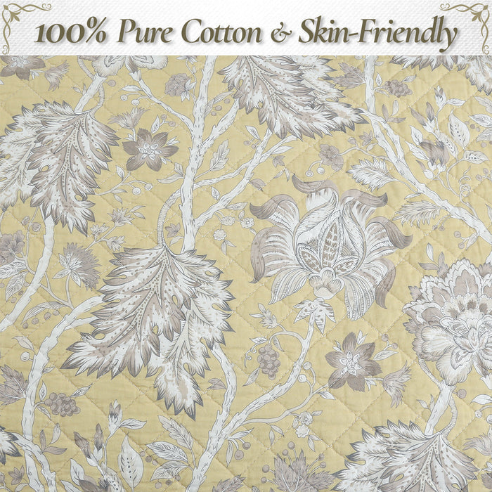 Flaxen Yellow Tan Brown Floral 3 Piece Cotton Quilt Bedding Set