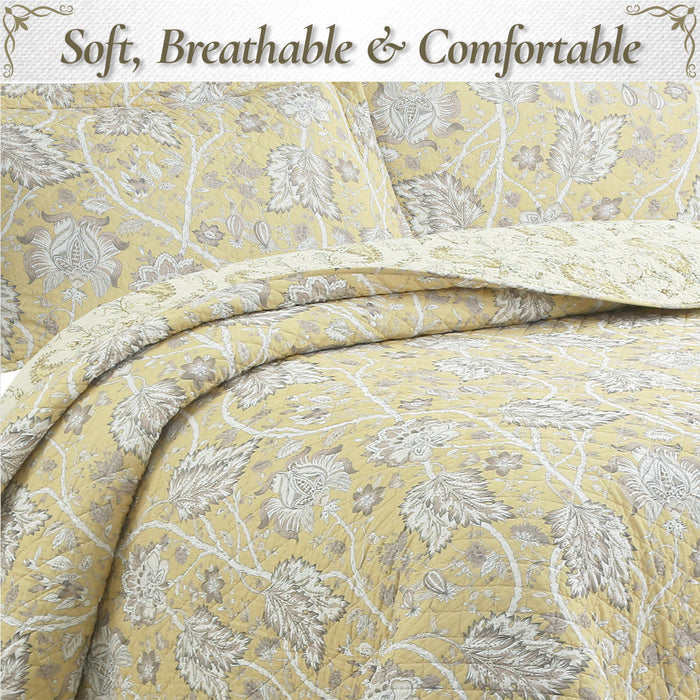 Flaxen Yellow Tan Brown Floral 3 Piece Cotton Quilt Bedding Set