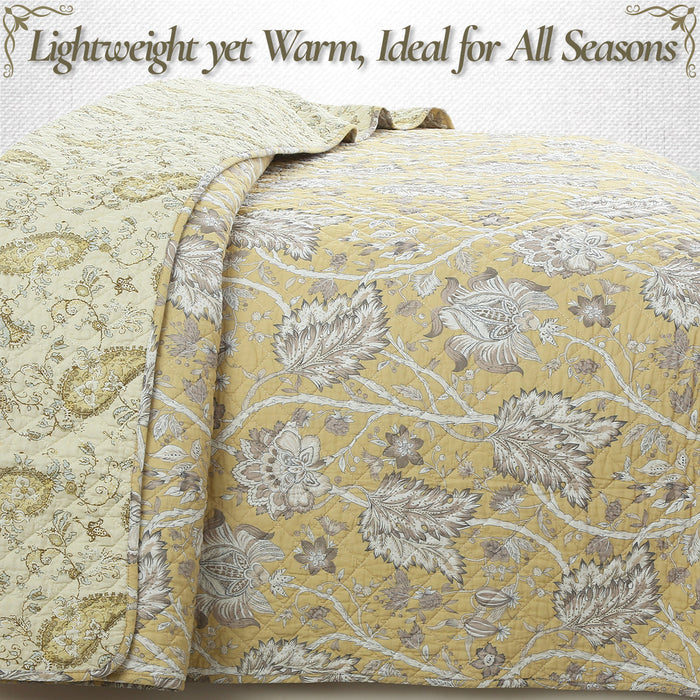 Flaxen Yellow Tan Brown Floral 3 Piece Cotton Quilt Bedding Set