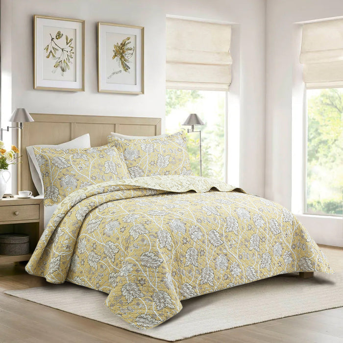 Flaxen Yellow Tan Brown Floral 3 Piece Cotton Quilt Bedding Set