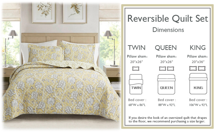 Flaxen Yellow Tan Brown Floral 3 Piece Cotton Quilt Bedding Set