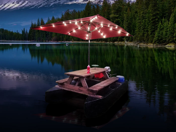 Floating Picnic Table DIY Projects - Motorized Pontoon Boat With Sun Umbrella Shelter