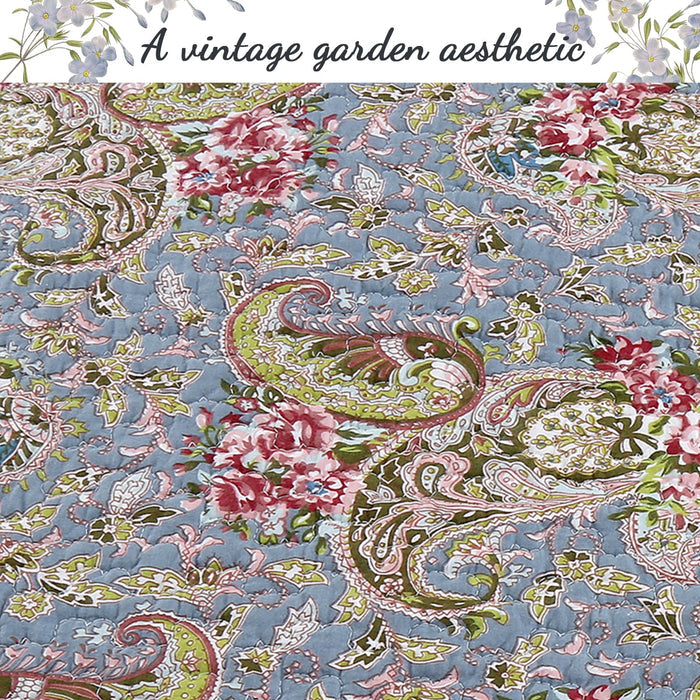Floral Paisley Blue Cotton 3-Piece Reversible Quilt Bedding Set