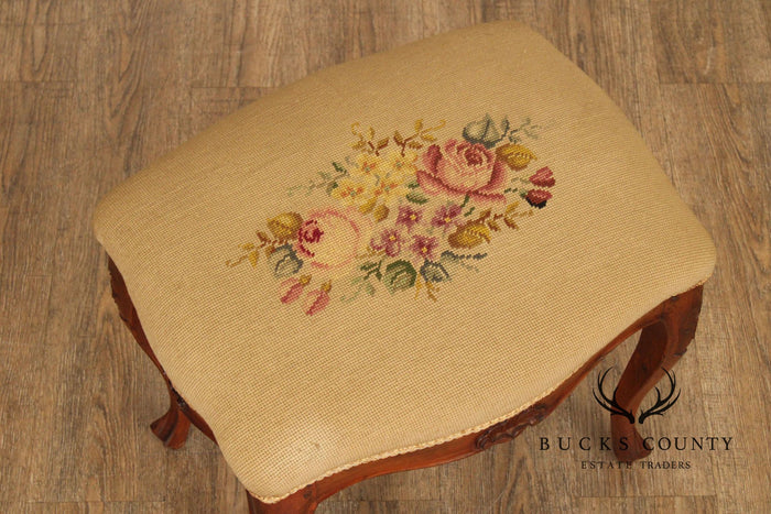 French Louis XV Style Antique Walnut Needlepoint Footstool