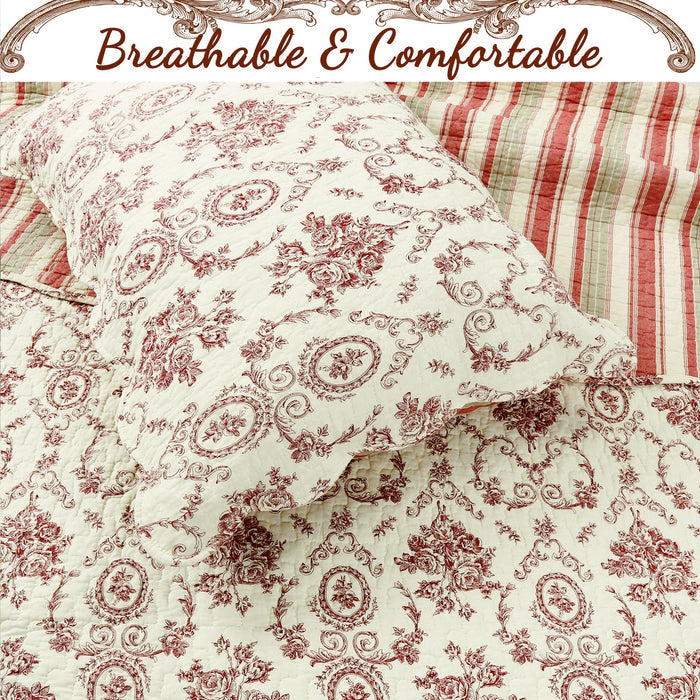 French Medallion- Red Scalloped Edge Cotton - 3-piece Reversible Quilt Bedding Set