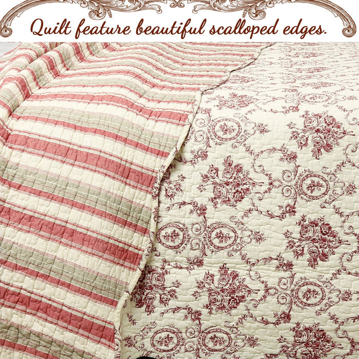 French Medallion- Red Scalloped Edge Cotton - 3-piece Reversible Quilt Bedding Set