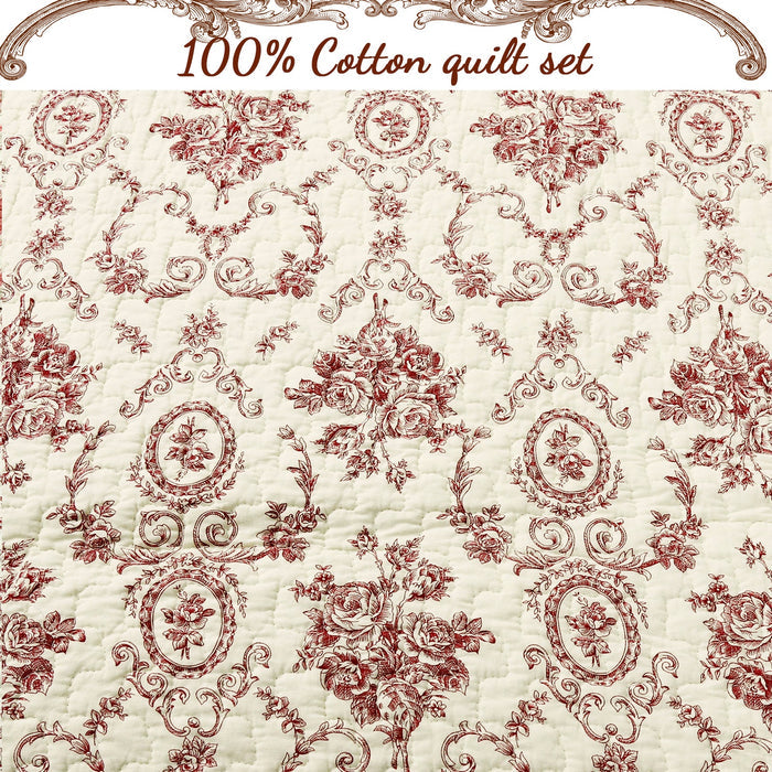 French Medallion- Red Scalloped Edge Cotton - 3-piece Reversible Quilt Bedding Set