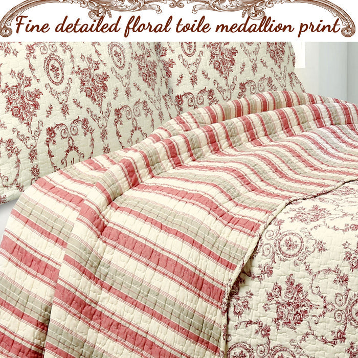 French Medallion- Red Scalloped Edge Cotton - 3-piece Reversible Quilt Bedding Set