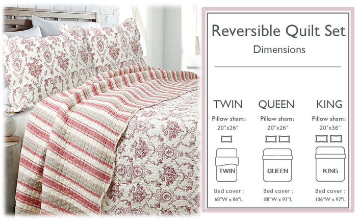 French Medallion- Red Scalloped Edge Cotton - 3-piece Reversible Quilt Bedding Set