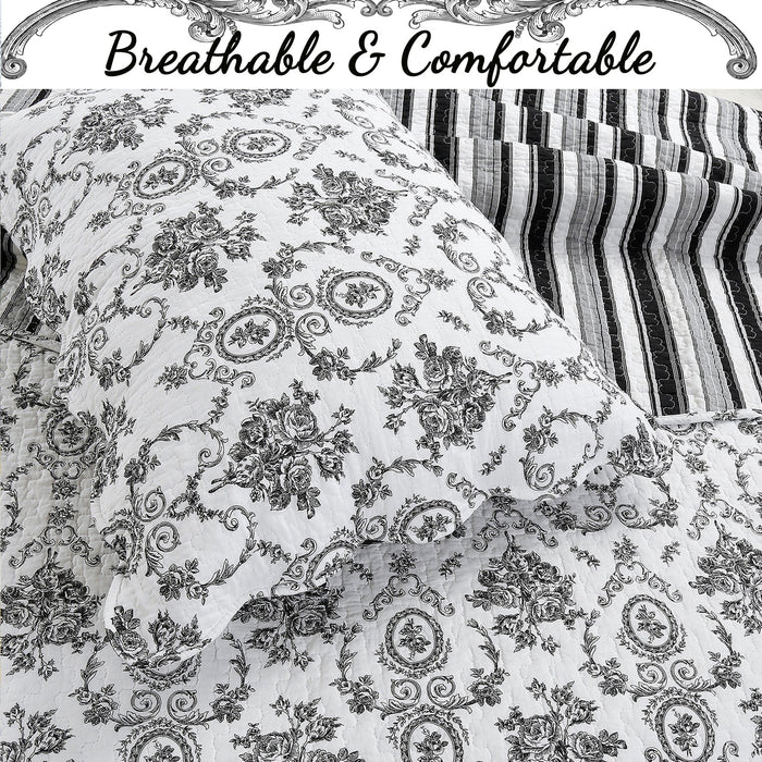French Medallion Black Scalloped Edge Cotton 3-piece Reversible Quilt Bedding Set
