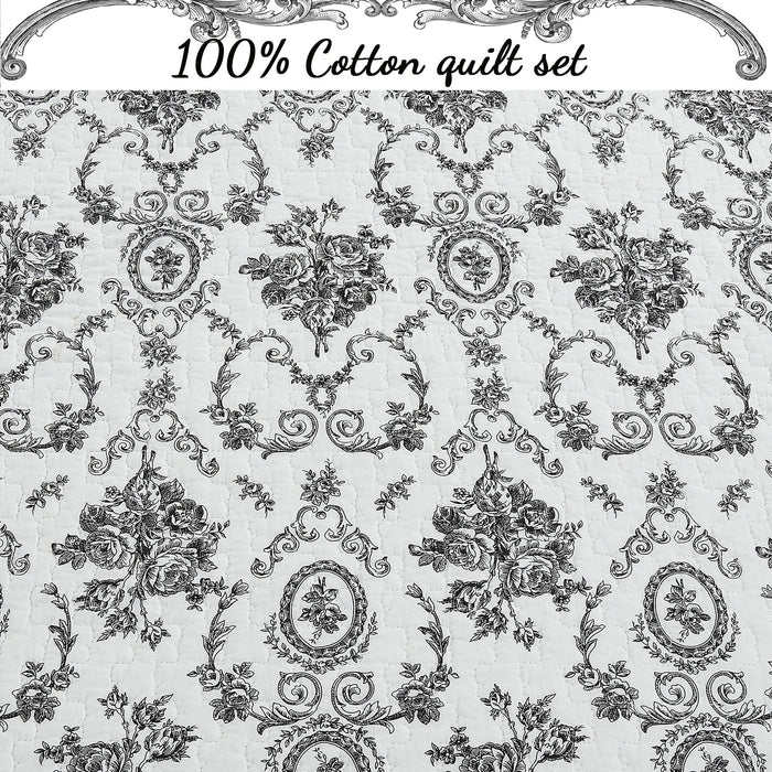 French Medallion Black Scalloped Edge Cotton 3-piece Reversible Quilt Bedding Set