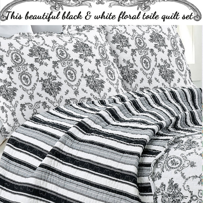 French Medallion Black Scalloped Edge Cotton 3-piece Reversible Quilt Bedding Set