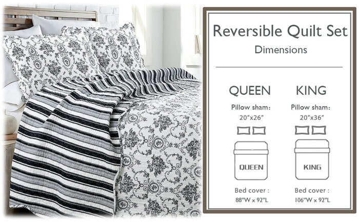 French Medallion Black Scalloped Edge Cotton 3-piece Reversible Quilt Bedding Set