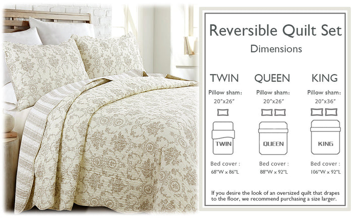 French Medallion Ivory Scalloped Edge Cotton 3-piece Reversible Quilt Bedding Set