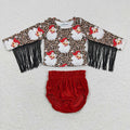 GBO0153 Santa Leopard Tassel Top Red Velvet Shorts Baby Girls Christmas Bummie Set