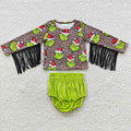GBO0154 Green Frog Leopard Tassel Top Velvet Shorts Baby Girls Christmas Bummie Set