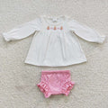 GBO0165 Tree Bows Embroidery Dots Tunic Top Pink Shorts Baby Girls Christmas Bummie Set