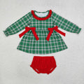 GBO0406 Green Checkered Tunic Top Red Shorts Baby Girls Christmas Bummie Set