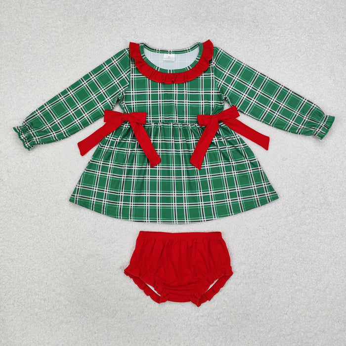 GBO0406 Green Checkered Tunic Top Red Shorts Baby Girls Christmas Bummie Set