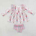 GBO0416 Nutcracke* Soldier Bows Tunic Top Checkered Shorts Baby Girls Christmas Bummie Set