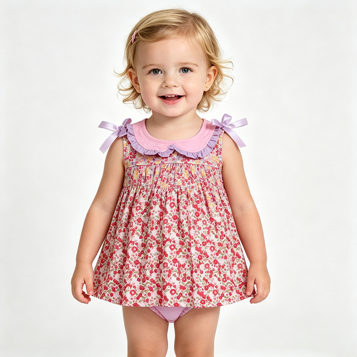 GBO0507 Small Flowers Doll Collar Top Purple Shorts Baby Girls Summer Bummie Set