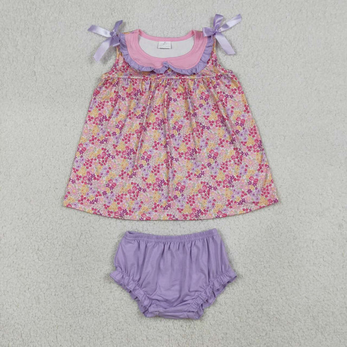GBO0507 Small Flowers Doll Collar Top Purple Shorts Baby Girls Summer Bummie Set