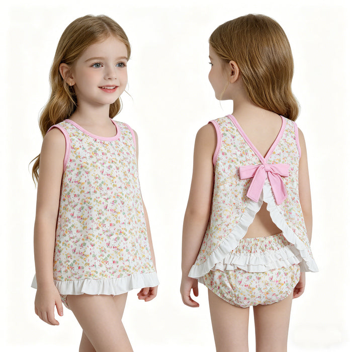 GBO0518 Pink Yellow Small Flowers Baby Girls Backless Bummie Set