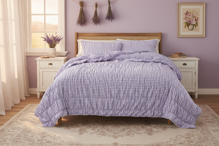 Gingham Printed Quilt Set - Lavender Cottage Collection
