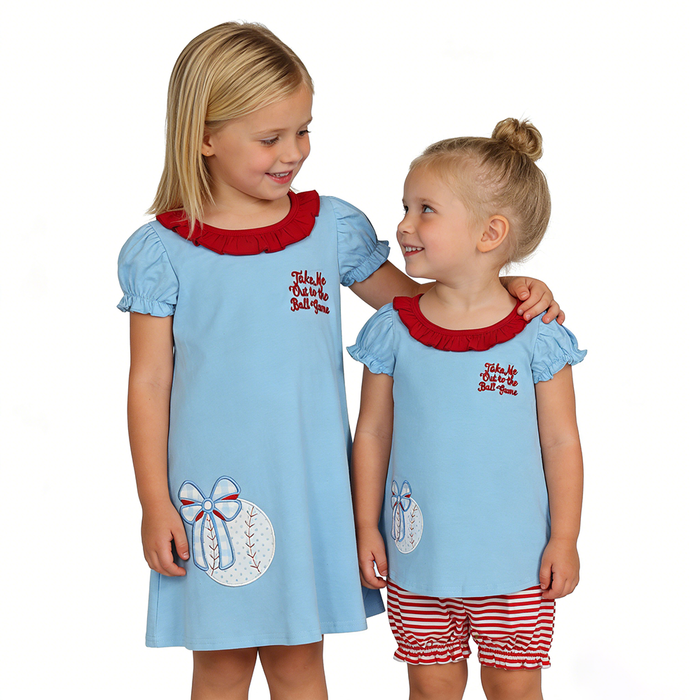 Girls' Ball Game Baseball Embroidery Blue Dress & Red Striped Shorts Set Sisters Wear Styles