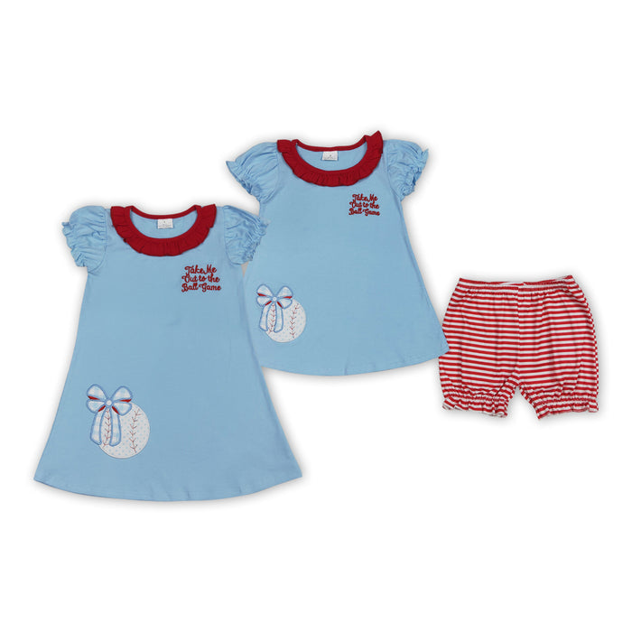 Girls' Ball Game Baseball Embroidery Blue Dress & Red Striped Shorts Set Sisters Wear Styles