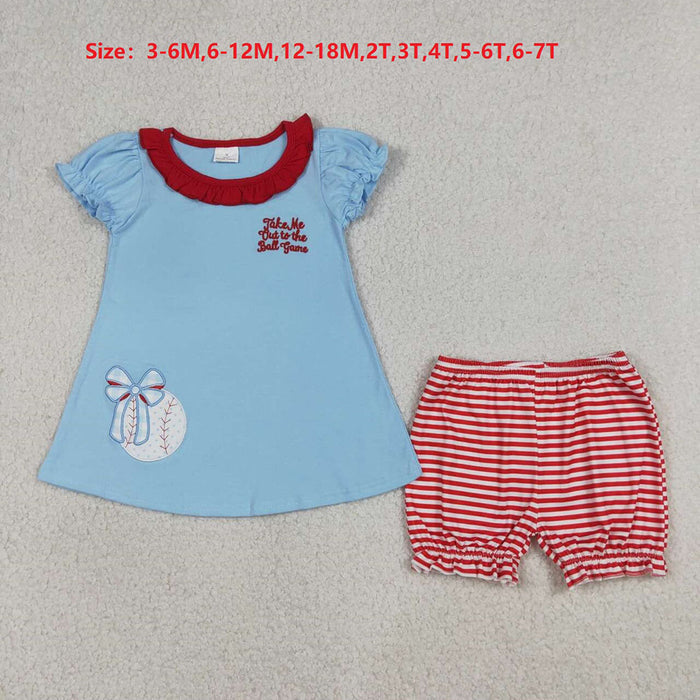 Girls' Ball Game Baseball Embroidery Blue Dress & Red Striped Shorts Set Sisters Wear Styles