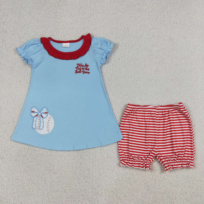 Girls' Ball Game Baseball Embroidery Blue Dress & Red Striped Shorts Set Sisters Wear Styles