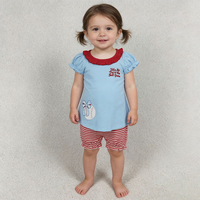 Girls' Ball Game Baseball Embroidery Blue Dress & Red Striped Shorts Set Sisters Wear Styles