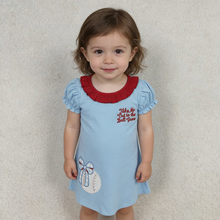 Girls' Ball Game Baseball Embroidery Blue Dress & Red Striped Shorts Set Sisters Wear Styles