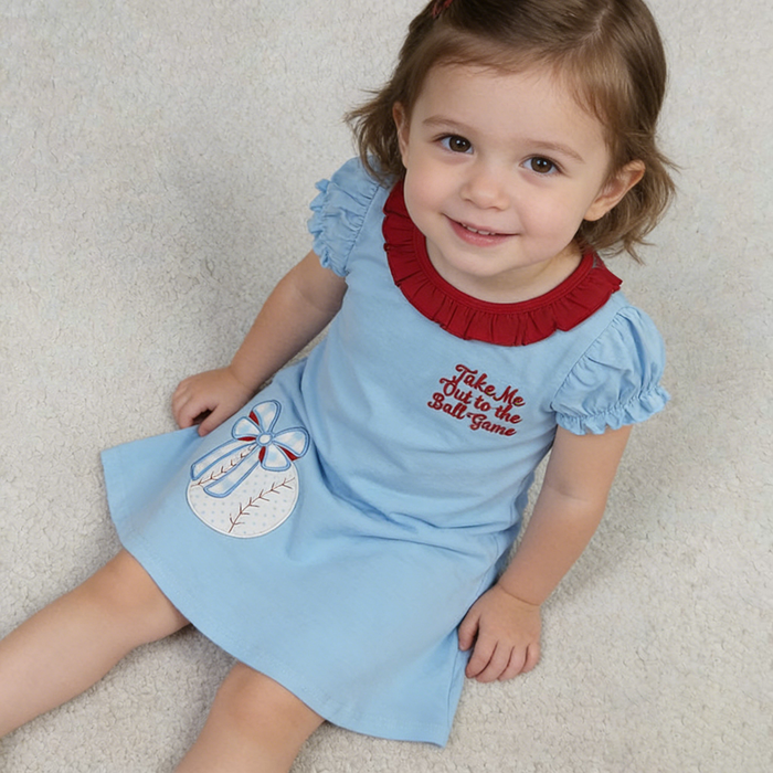 Girls' Ball Game Baseball Embroidery Blue Dress & Red Striped Shorts Set Sisters Wear Styles
