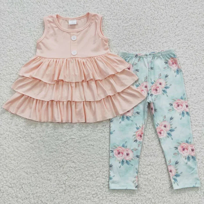 Girls Bows Flowers Tunic Leggings Pant Ruffle Sleeves Outfit