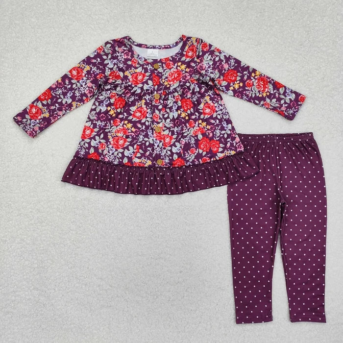 Girls Bows Flowers Tunic Leggings Pant Ruffle Sleeves Outfit