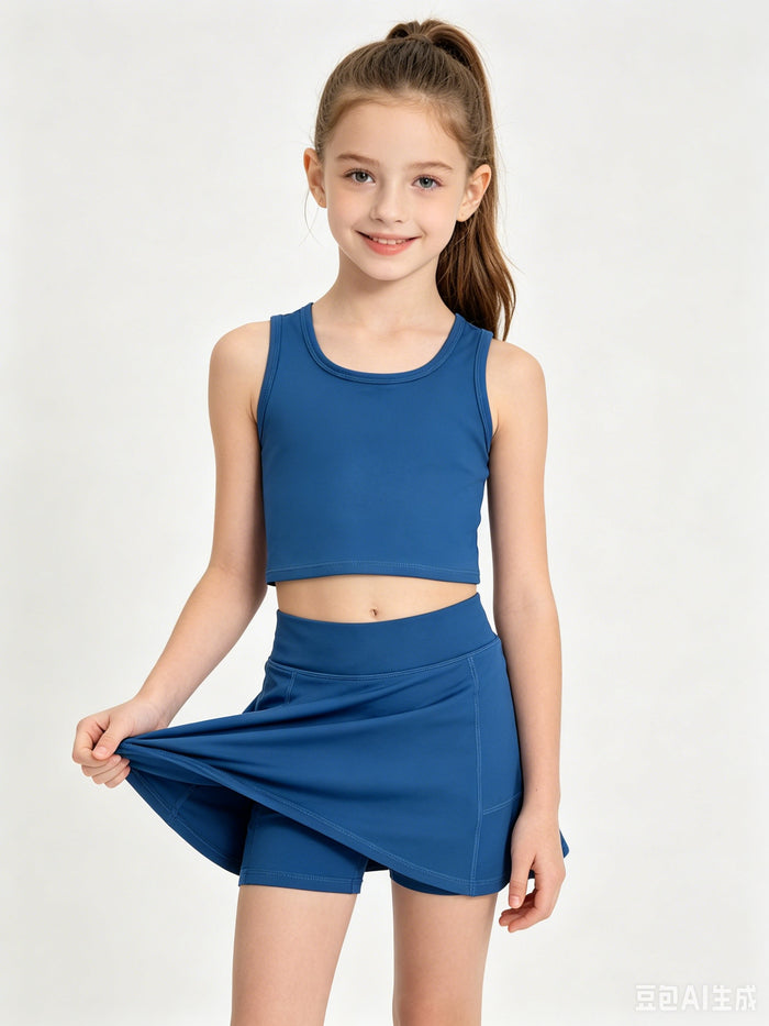 Girls  Dark Blue Tank & Skort Set - Kids Solid Color Active Outfit