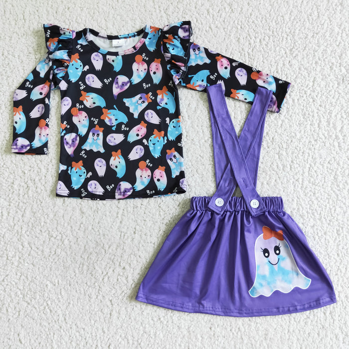 GLD0026 Ghost Top Purple Suspender Skirts Girls Halloween Clothes Set