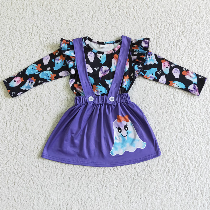 GLD0026 Ghost Top Purple Suspender Skirts Girls Halloween Clothes Set