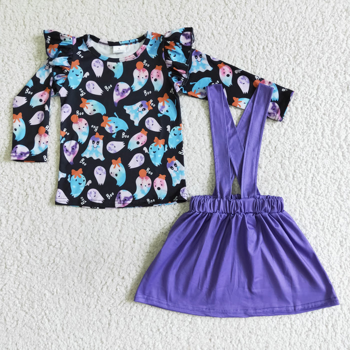 GLD0026 Ghost Top Purple Suspender Skirts Girls Halloween Clothes Set