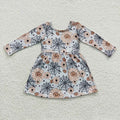 GLD0195 Pumpkin Flowers Web Print Girls Halloween Knee Length Dress