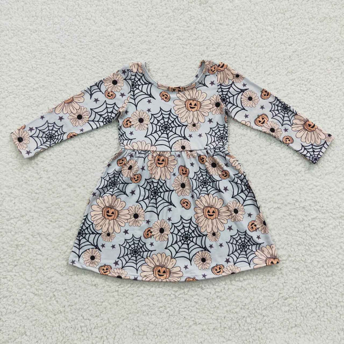 GLD0195 Pumpkin Flowers Web Print Girls Halloween Knee Length Dress