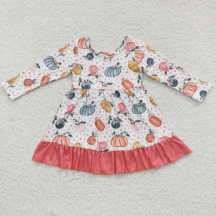 GLD0204 Pumpkin Print Girls Fall Knee Length Dress