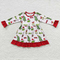 GLD0235 Green Frog Tree Print Girls Christmas Knee Length Dress