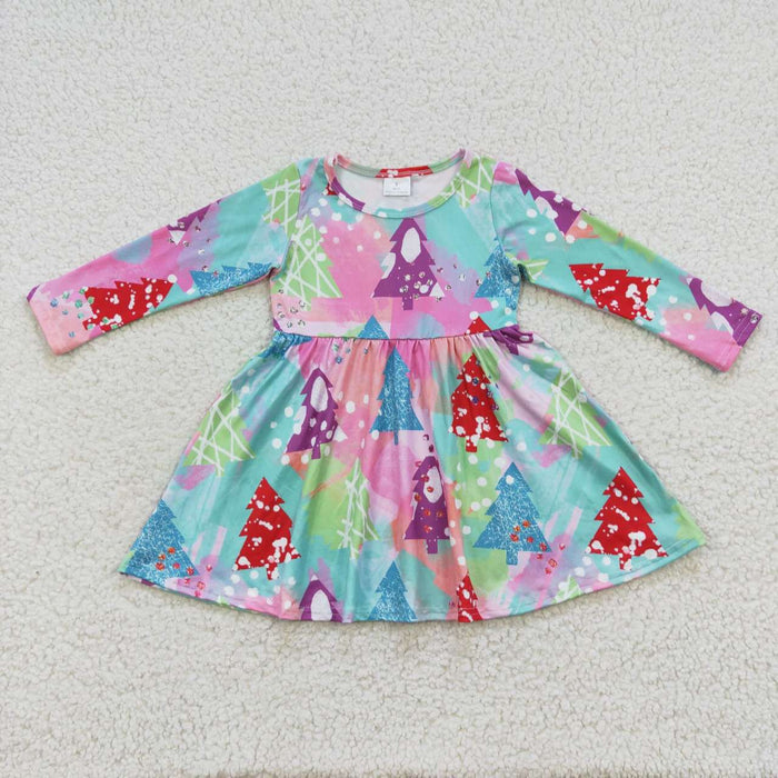 GLD0241 Colorful Tree Print Girls Christmas Knee Length Dress